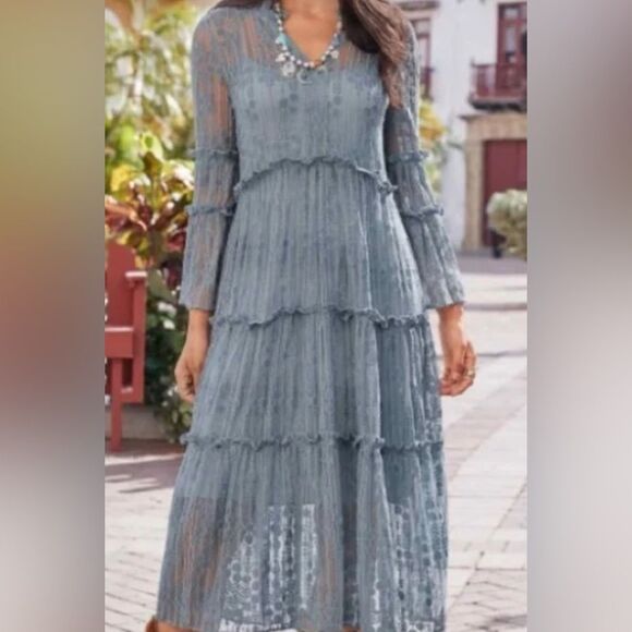 Sundance Ellery Lace Sheer Boho Tiered Bell Sleeve Dress Size S Petite - Picture 2 of 8